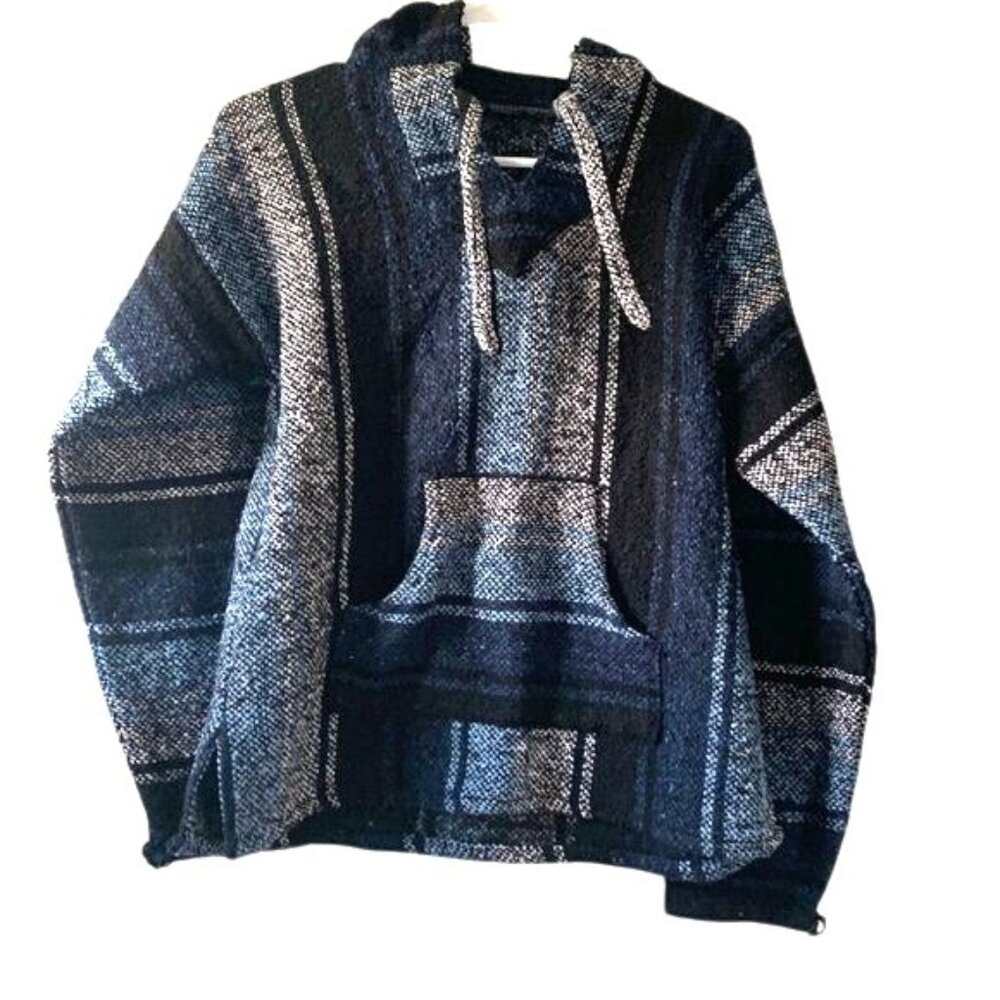 Baja Hippie Hoodie Pullover Poncho Sweater Striped Black & Blue